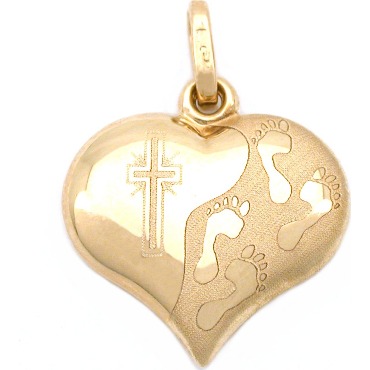 14k Gold Footprints Cross Heart Charm Religious Jewelry